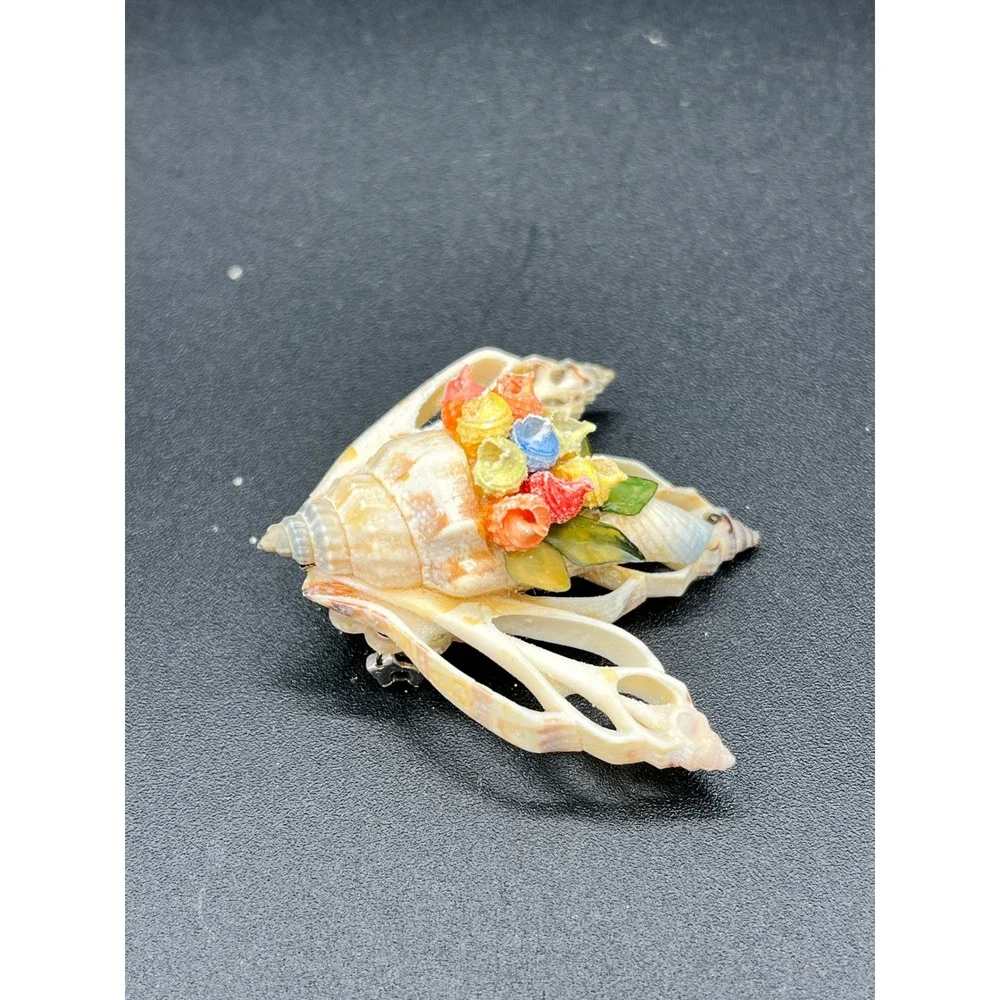 Vintage Seashell Flower Basket Brooch Pin - Coastal Cottagecore Style Beautiful!